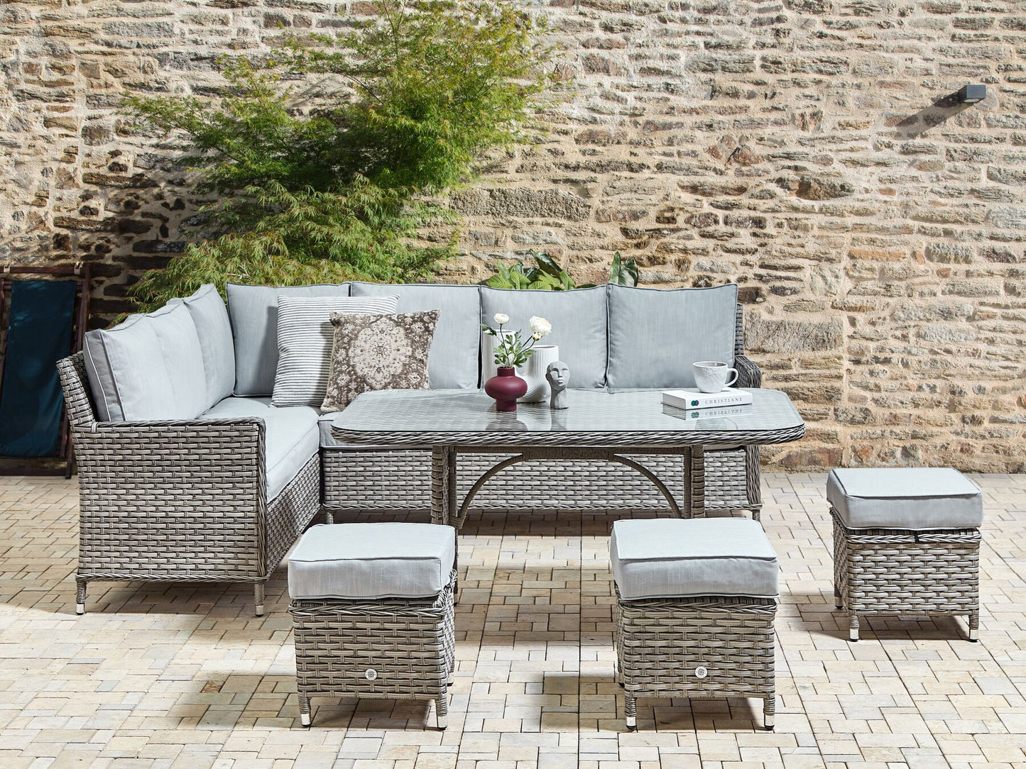 Garden Lounge Set with Table and Ottoman 9 Seater LACONA Right Hand PE Rattan Light Grey