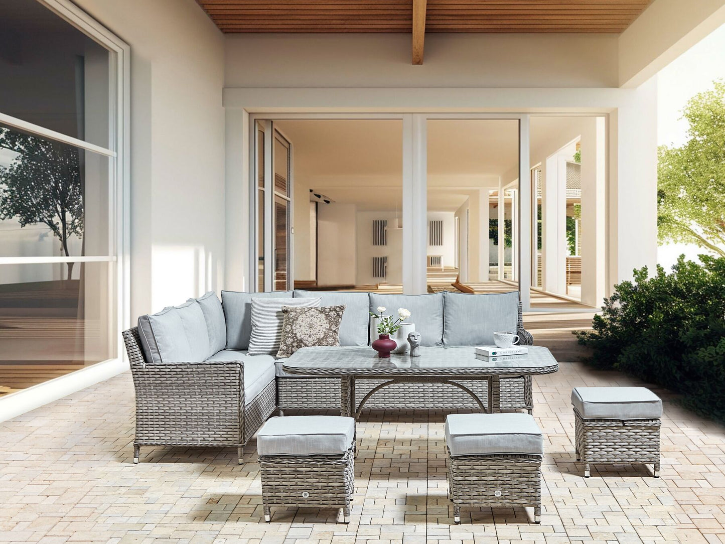 Garden Lounge Set with Table and Ottoman 9 Seater LACONA Right Hand PE Rattan Light Grey
