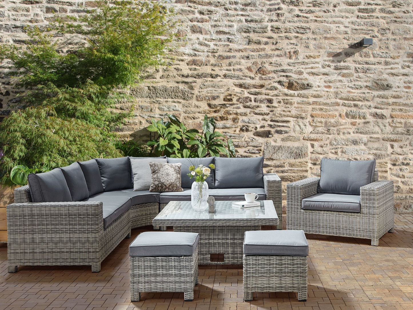 Garden Lounge Set with Table and Ottoman 9 Seater TEGLIO Modular PE Rattan Grey