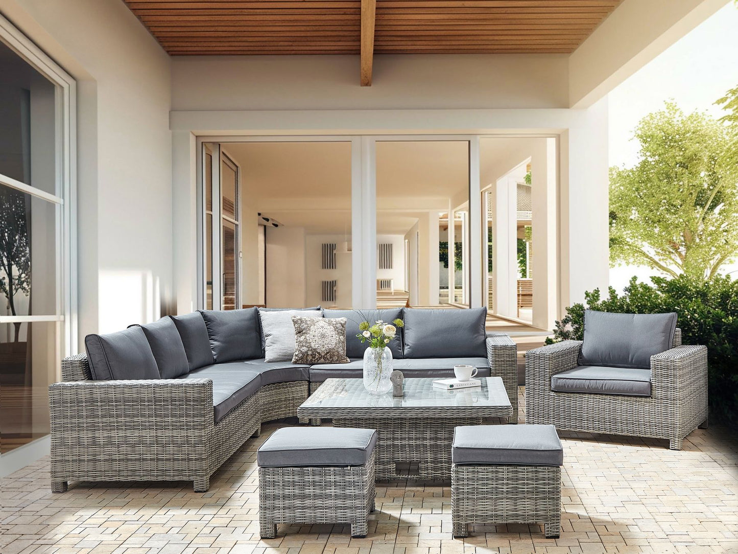 Garden Lounge Set with Table and Ottoman 9 Seater TEGLIO Modular PE Rattan Grey