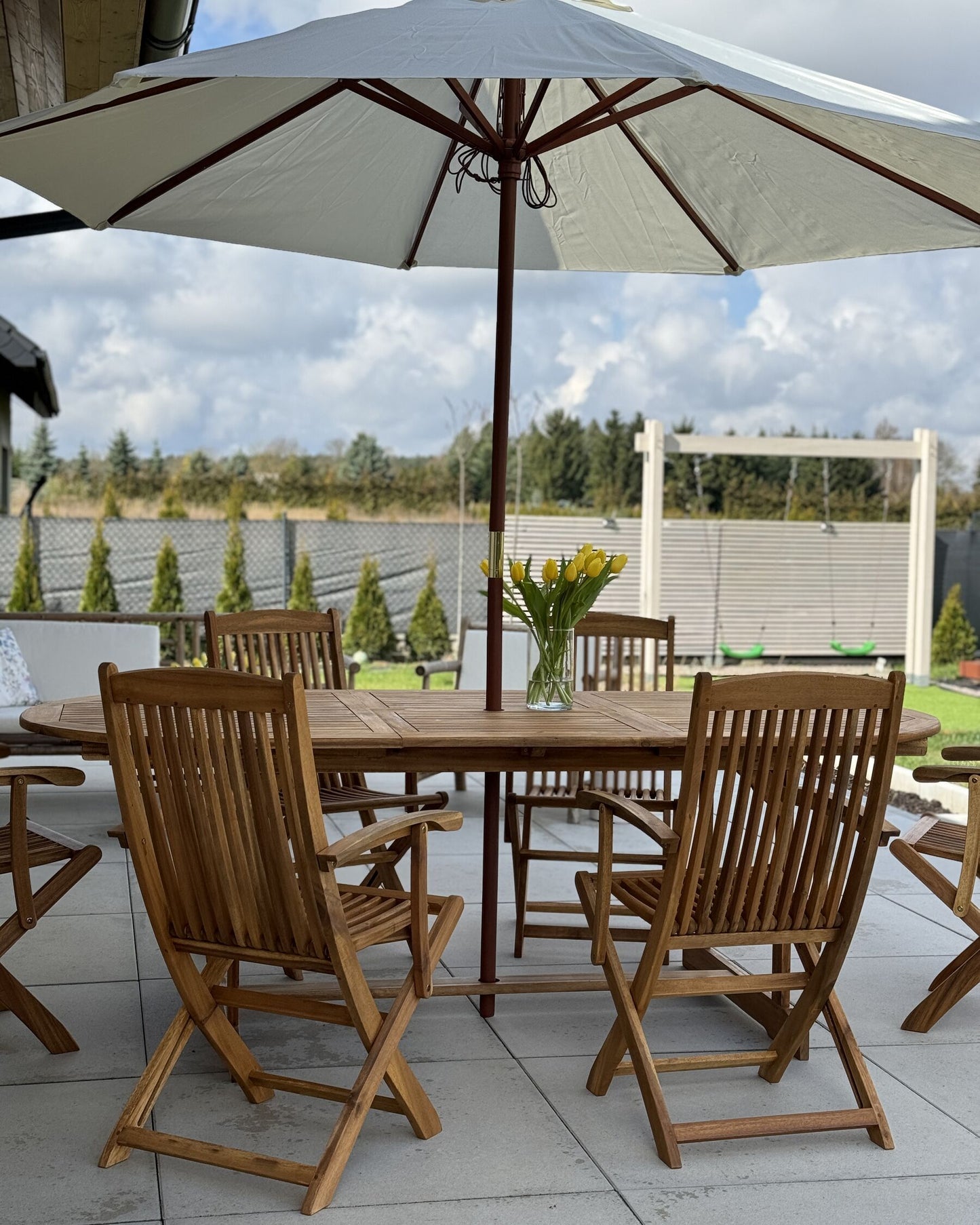 Garden Dining Set 6 Seater MAUI with Parasol (12 Options) Acacia Wood Light Brown