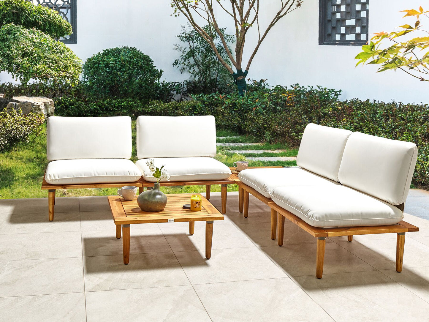 Garden Lounge Set with Table 4 Seater FRASCATI Modular Certified Acacia Wood Off-White
