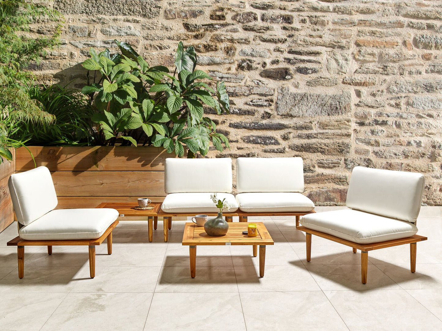 Garden Lounge Set with Table 4 Seater FRASCATI Modular Certified Acacia Wood Off-White