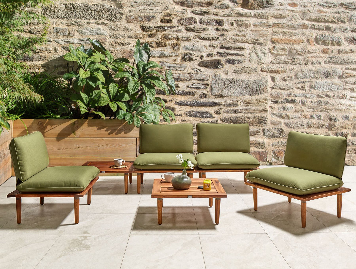 Garden Lounge Set with Table 4 Seater FRASCATI Modular Certified Acacia Wood Olive Green