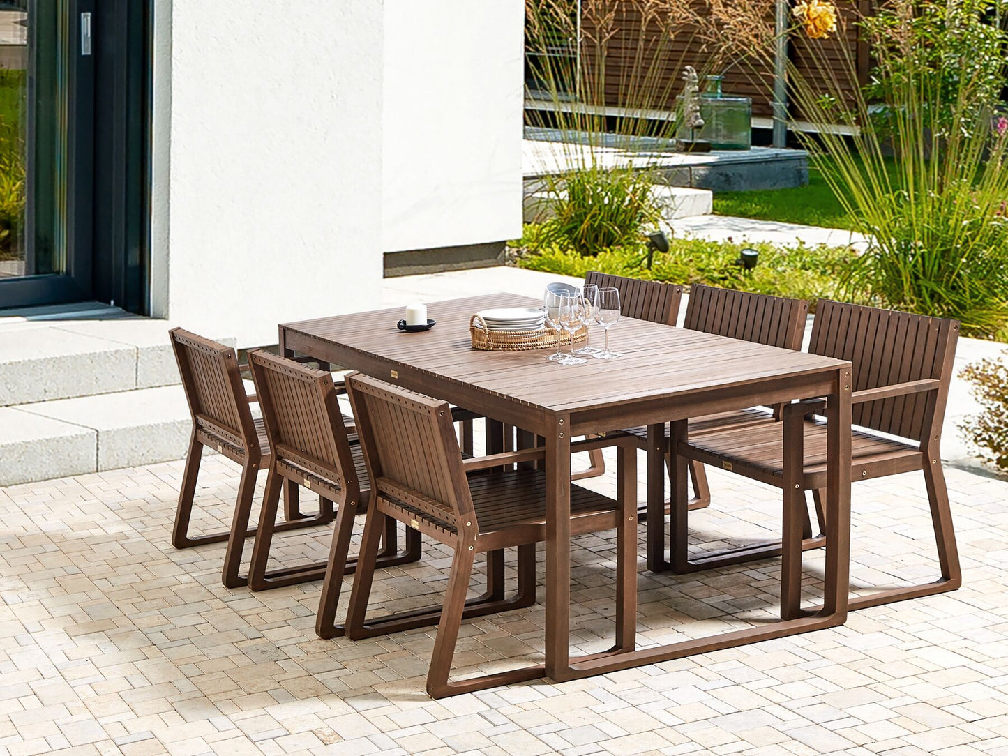 Garden Dining Set 6 Seater SASSARI Acacia Wood Dark Brown