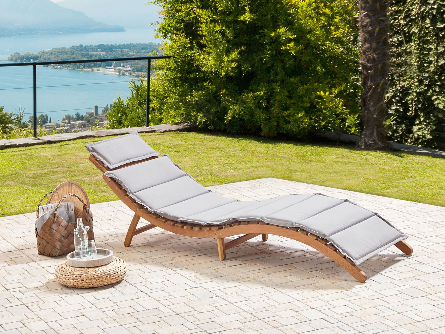 Sun Lounger with Cushion LUINO Acacia Wood Grey