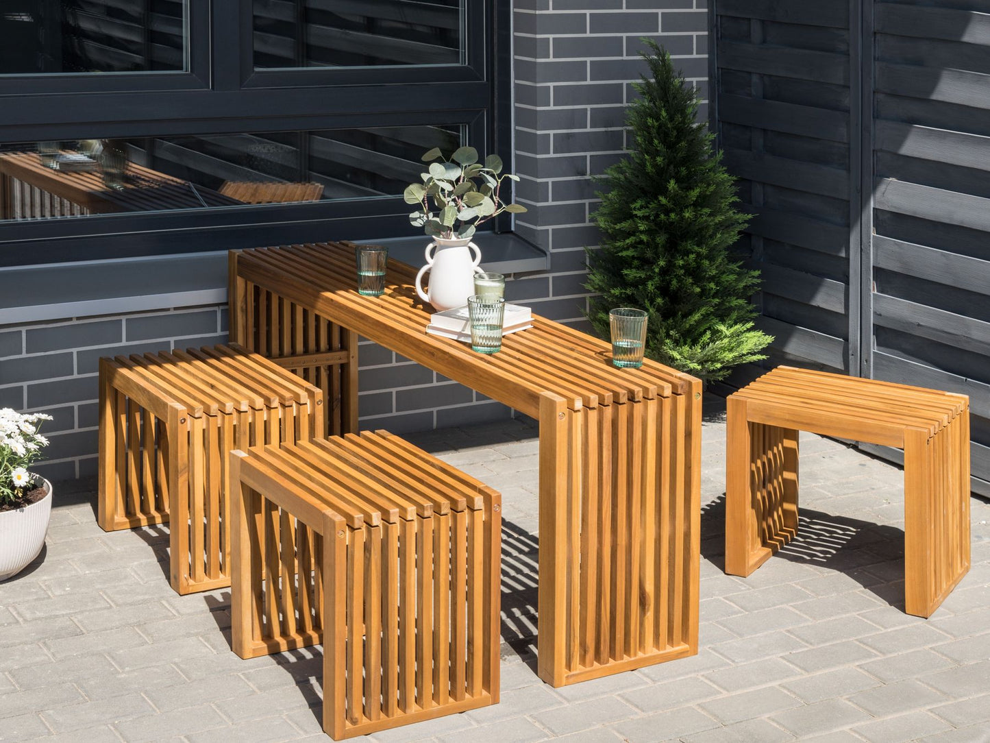 Garden Dining Set with Stools 3 Seater BELLANO Acacia Wood Brown