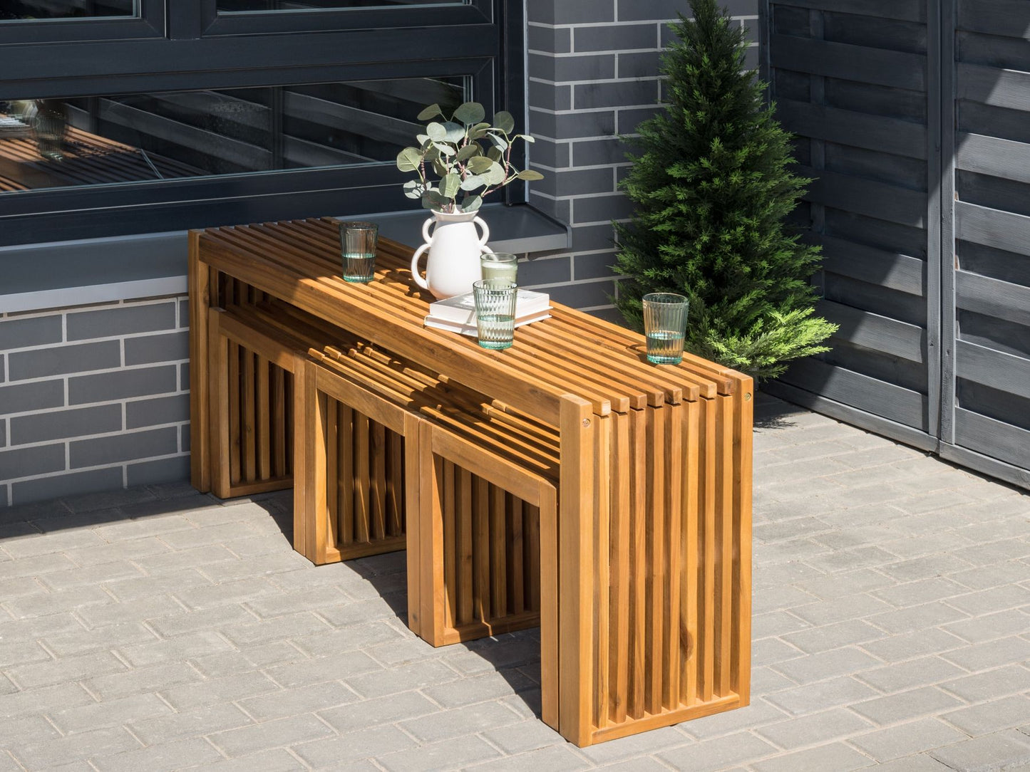 Garden Dining Set with Stools 3 Seater BELLANO Acacia Wood Brown