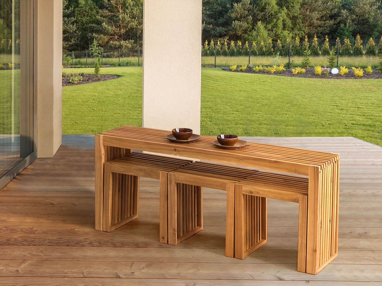 Garden Dining Set with Stools 3 Seater BELLANO Acacia Wood Brown