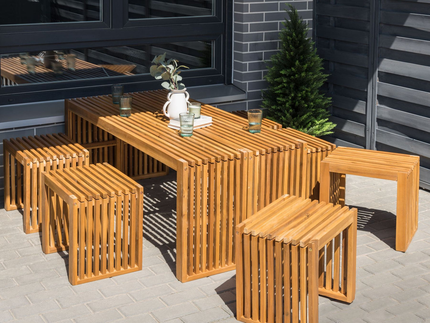 Garden Dining Set with Benches and Stools 6 Seater BELLANO Acacia Wood Brown