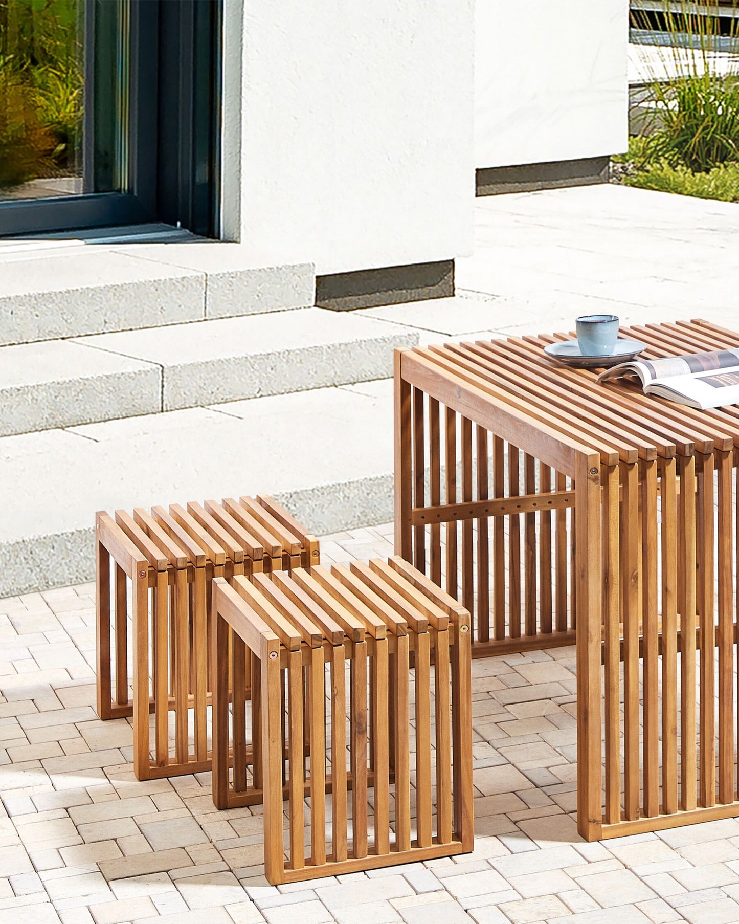 Set of 3 Garden Stools BELLANO Acacia Wood Brown
