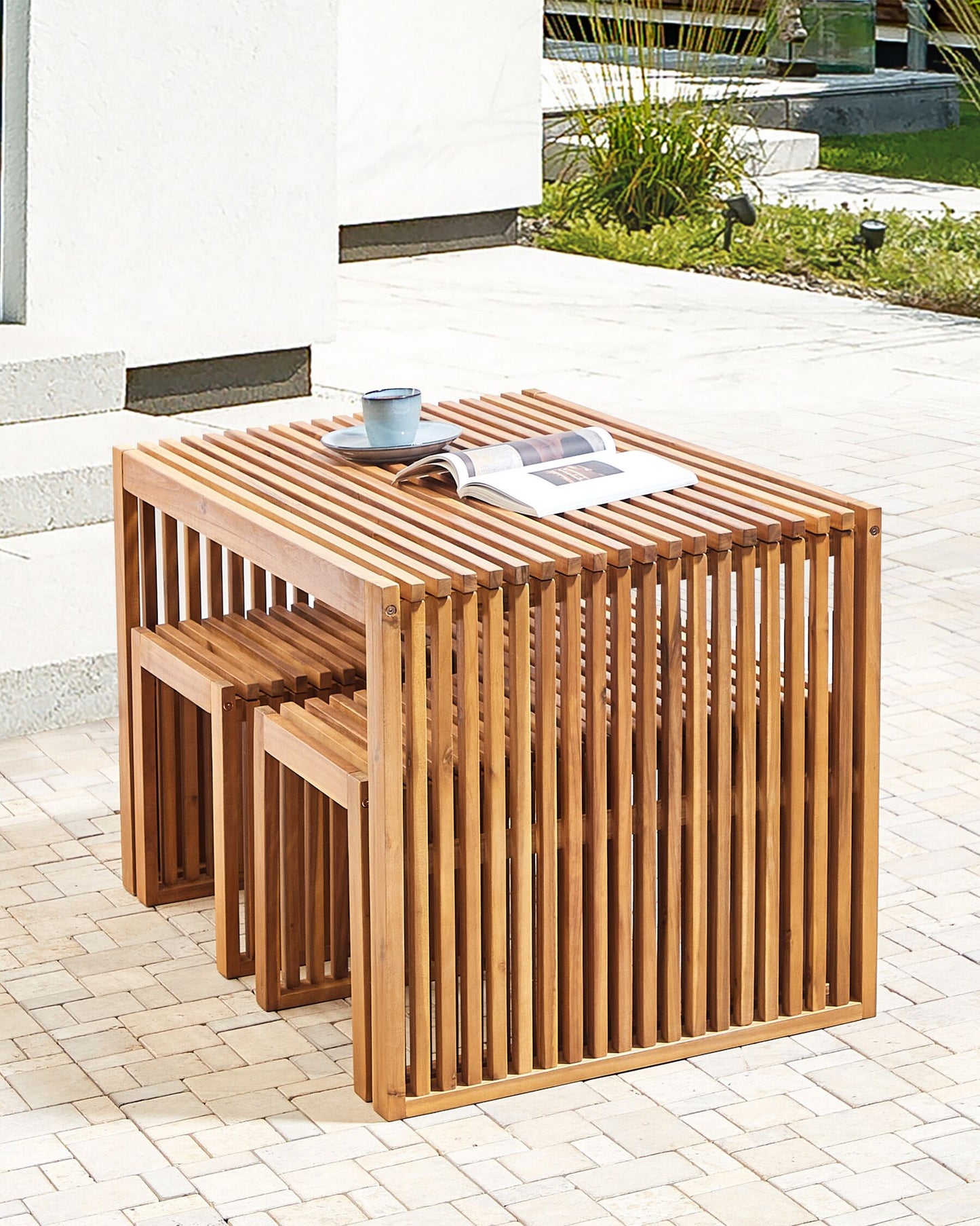 Set of 3 Garden Stools BELLANO Acacia Wood Brown