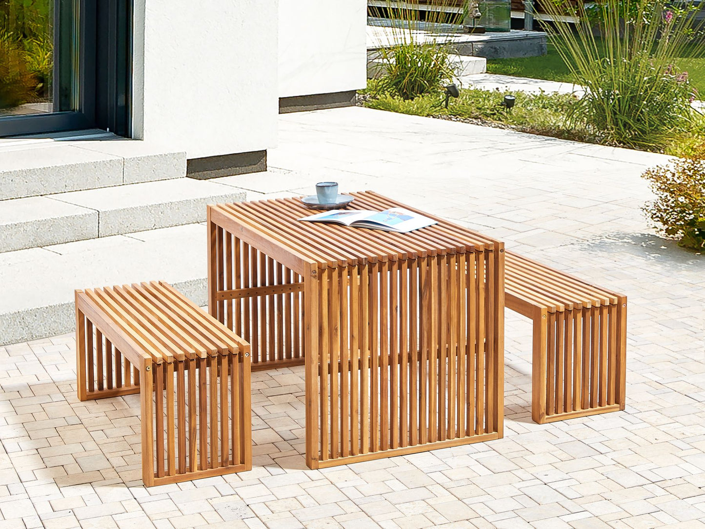 Garden Dining Set with Benches 4 Seater BELLANO Acacia Wood Brown