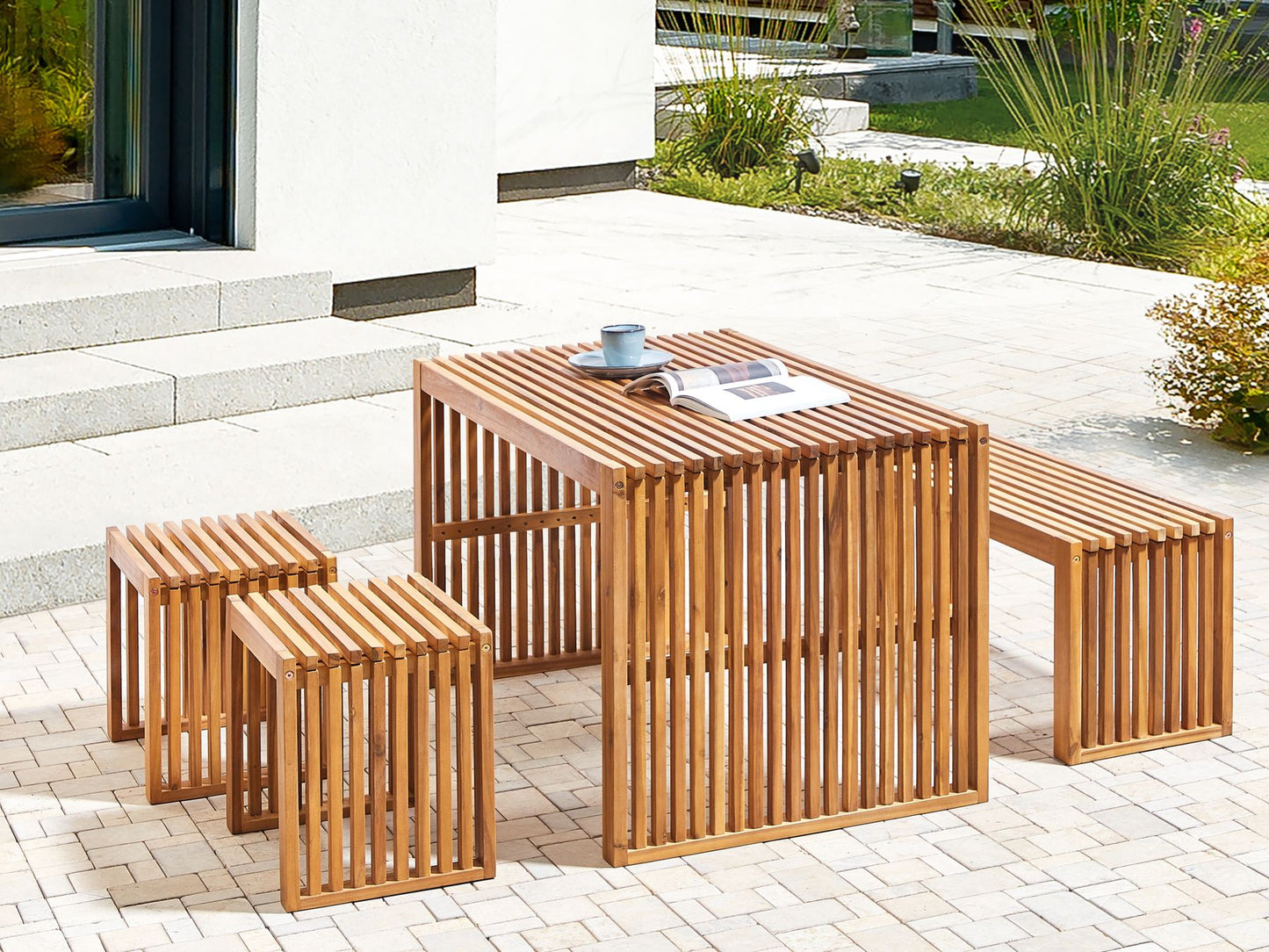 Garden Dining Set with Benches and Stools 4 Seater BELLANO Acacia Wood Brown