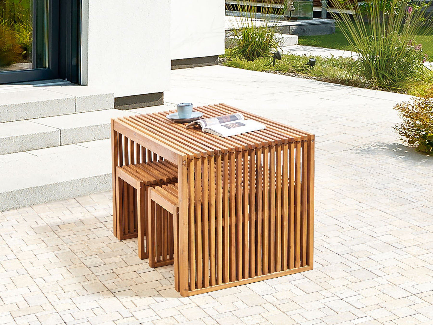 Garden Dining Set with Benches and Stools 4 Seater BELLANO Acacia Wood Brown