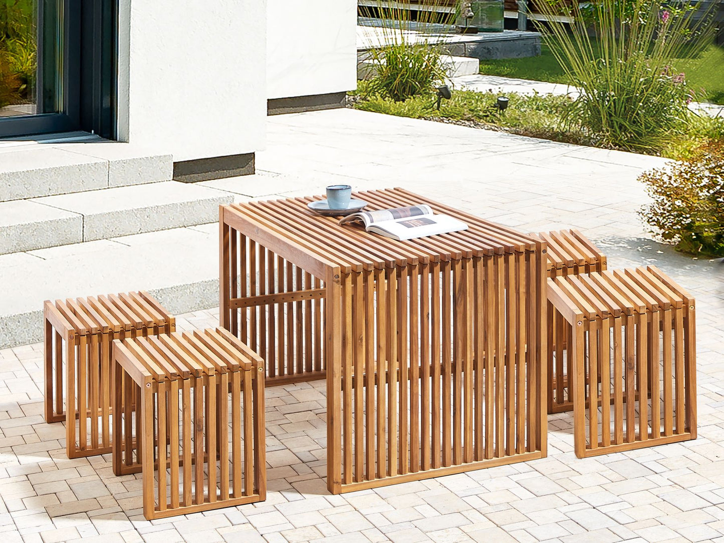 Garden Dining Set with Stools 4 Seater BELLANO Acacia Wood Brown