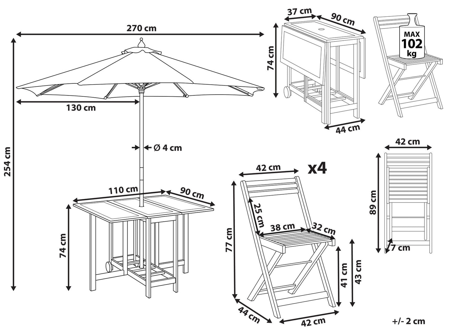 Garden Dining Set 4 Seater FRASSINE with Parasol (12 Options) Acacia Wood Natural
