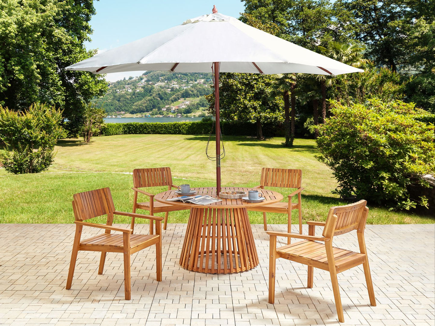 Garden Dining Set 4 Seater AGELLO with Parasol (12 Options) Acacia Wood Brown