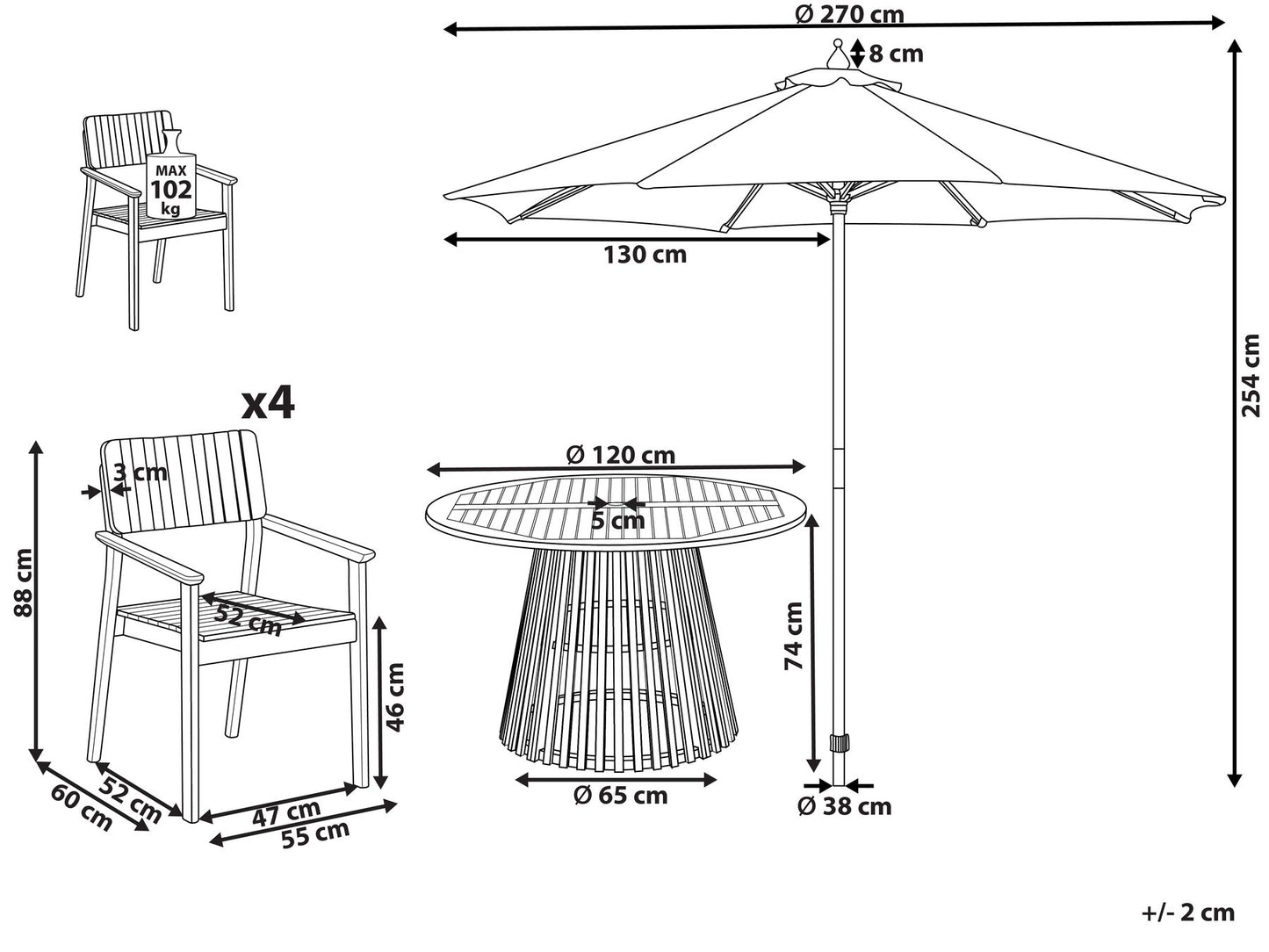 Garden Dining Set 4 Seater AGELLO with Parasol (12 Options) Acacia Wood Brown