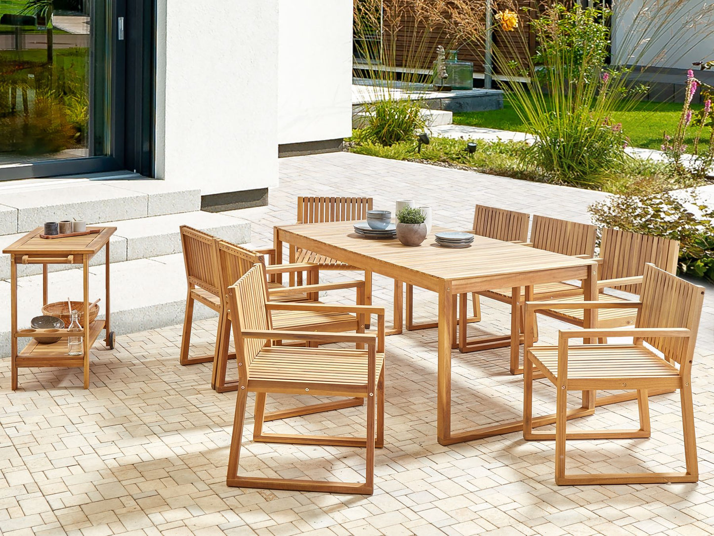 Garden Dining Set with Trolley 8 Seater SASSARI II Certified Acacia Wood Light Brown