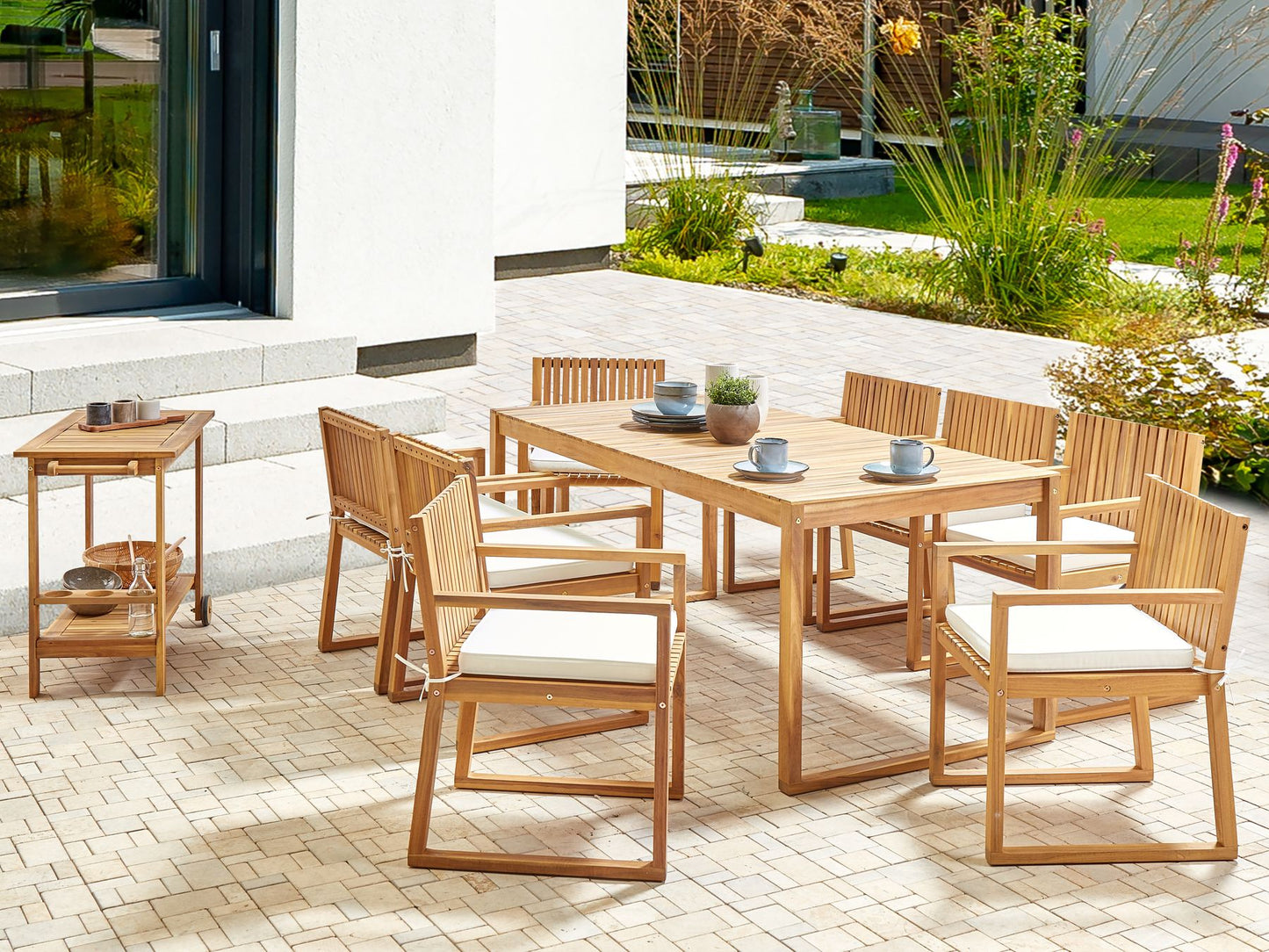 Garden Dining Set 8 Seater SASSARI II with Cushions Certified Acacia Wood Off-White