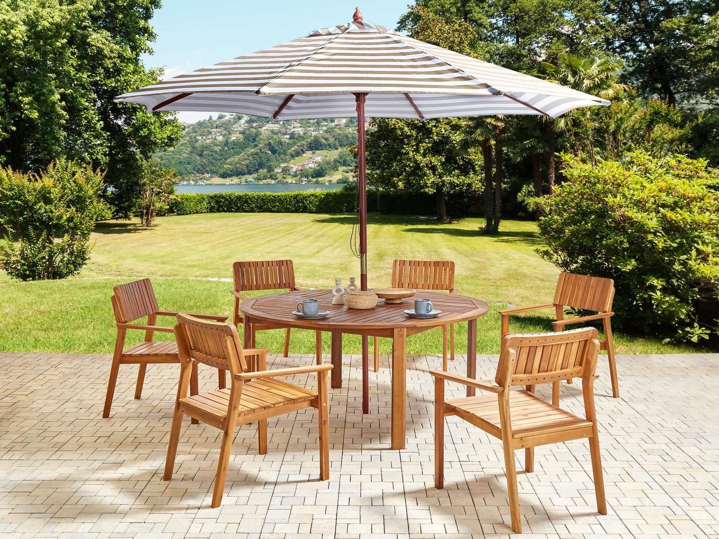 Garden Dining Set 6 Seater AGELLO with Parasol (12 Options) Acacia Wood Brown