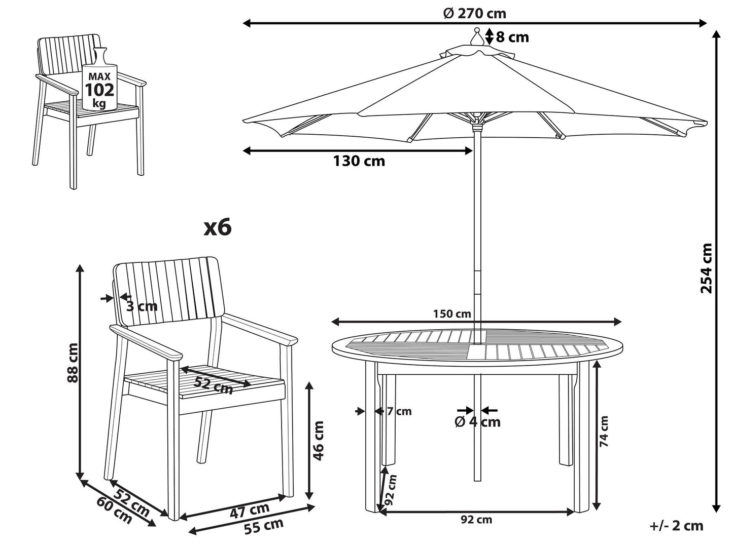 Garden Dining Set 6 Seater AGELLO with Parasol (12 Options) Acacia Wood Brown