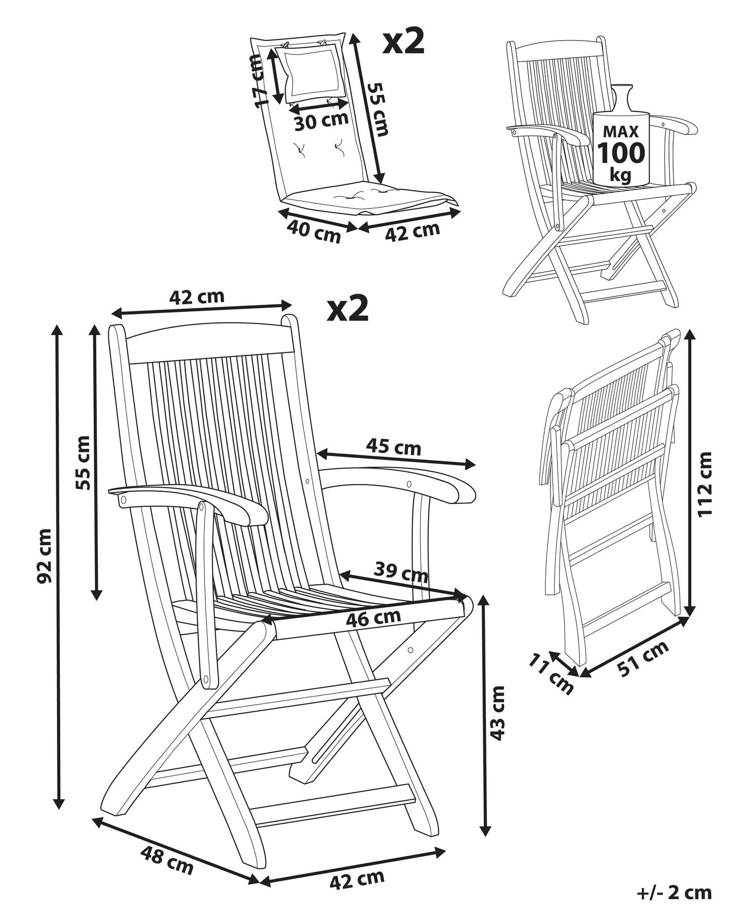 Set of 2 Garden Chairs with Cushions MAUI II Acacia Wood Blue
