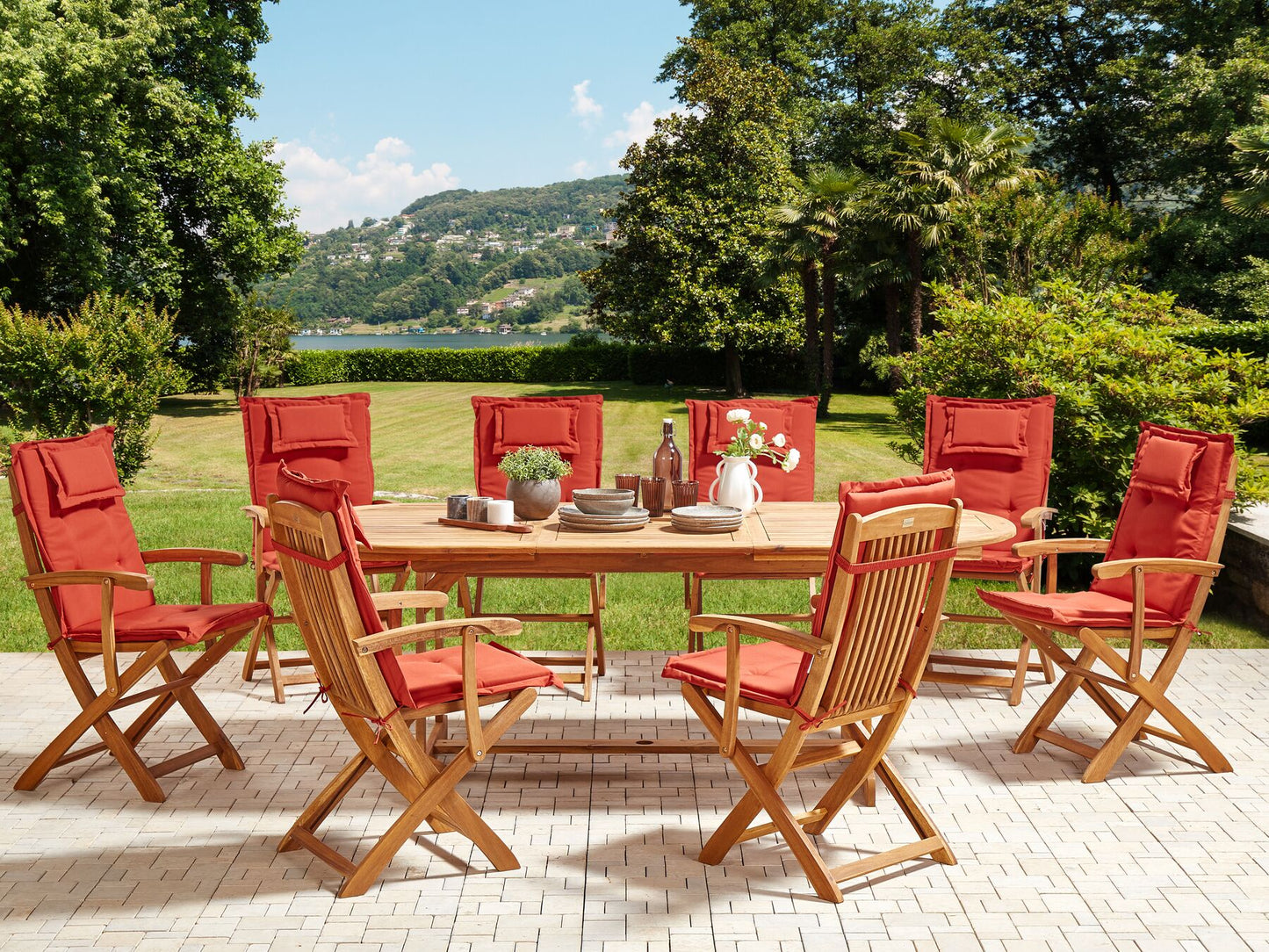 Garden Dining Set 8 Seater MAUI II with Cushions Acacia Wood Dark Red