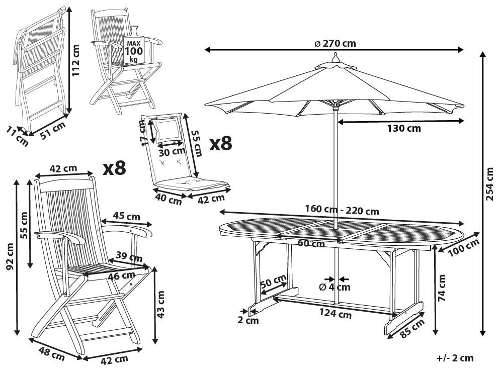 Garden Dining Set 8 Seater MAUI II with Parasol Acacia Wood Dark Red