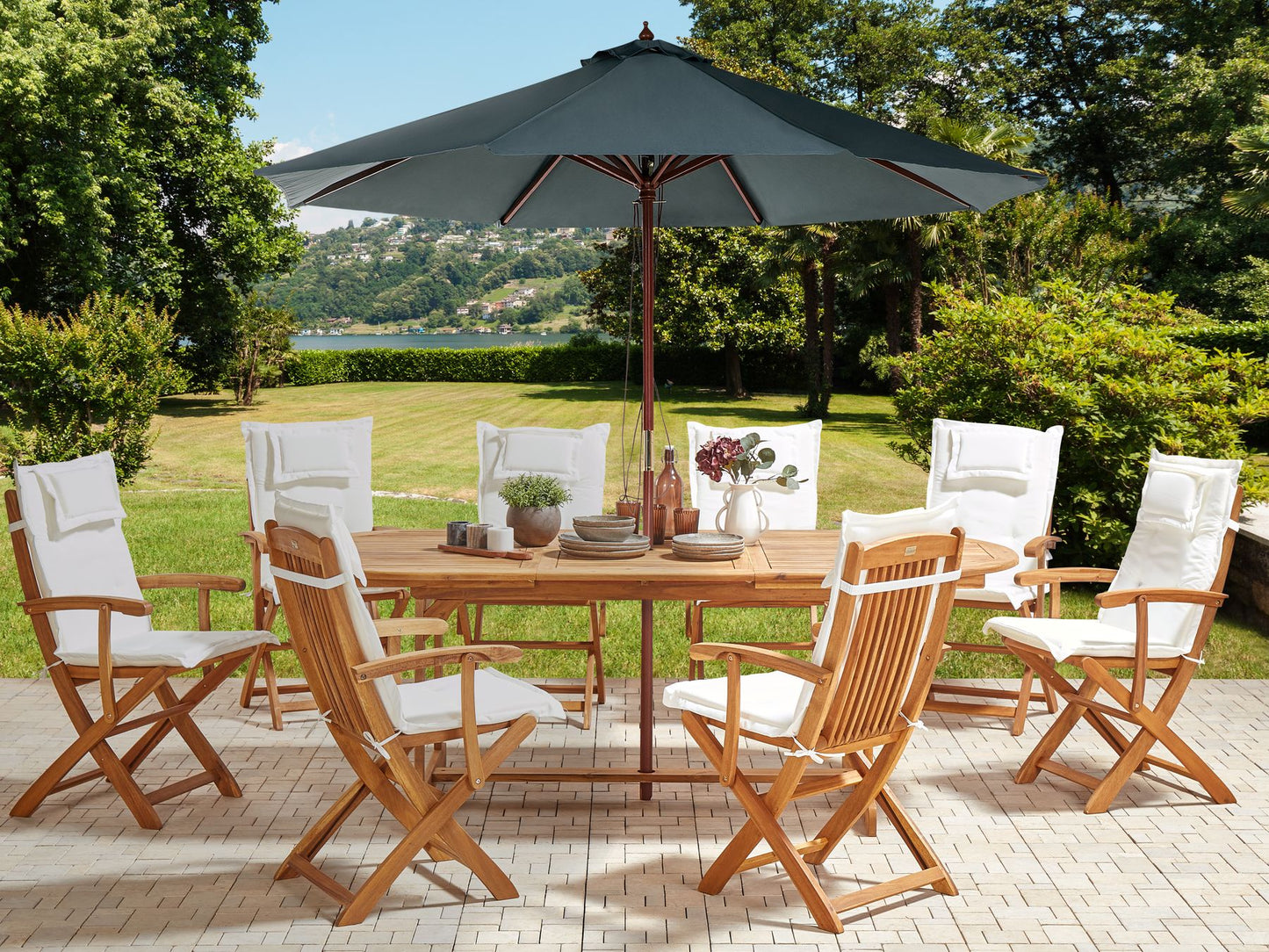 Garden Dining Set 8 Seater MAUI II with Parasol Acacia Wood Off-White