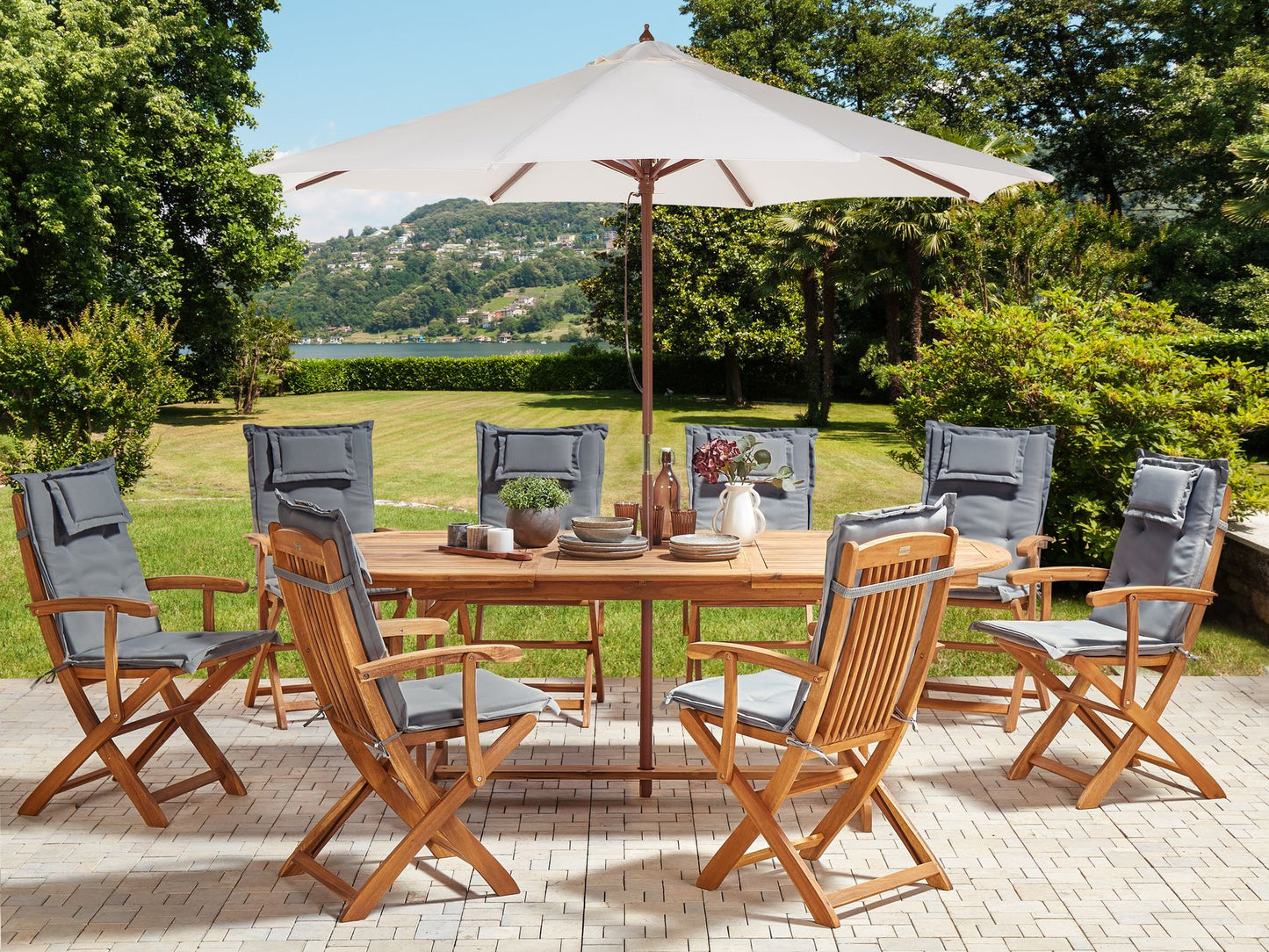 Garden Dining Set 8 Seater MAUI II with Parasol Acacia Wood Graphite Grey