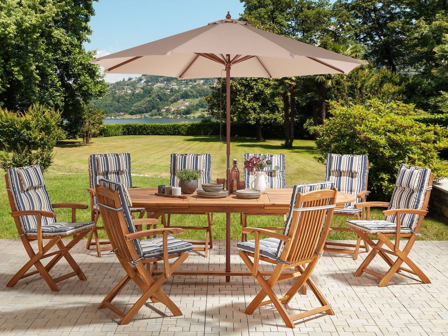 Garden Dining Set 8 Seater MAUI II with Parasol Acacia Wood Multicolour