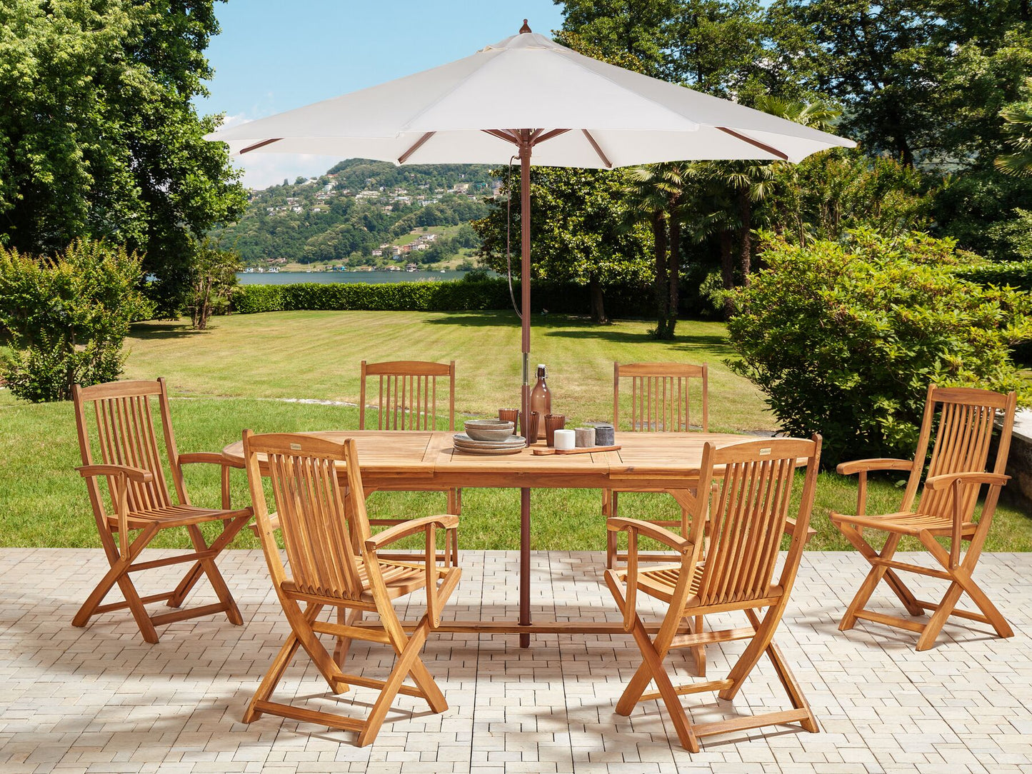 Garden Dining Set 6 Seater MAUI II with Parasol (12 Options) Acacia Wood Light Brown