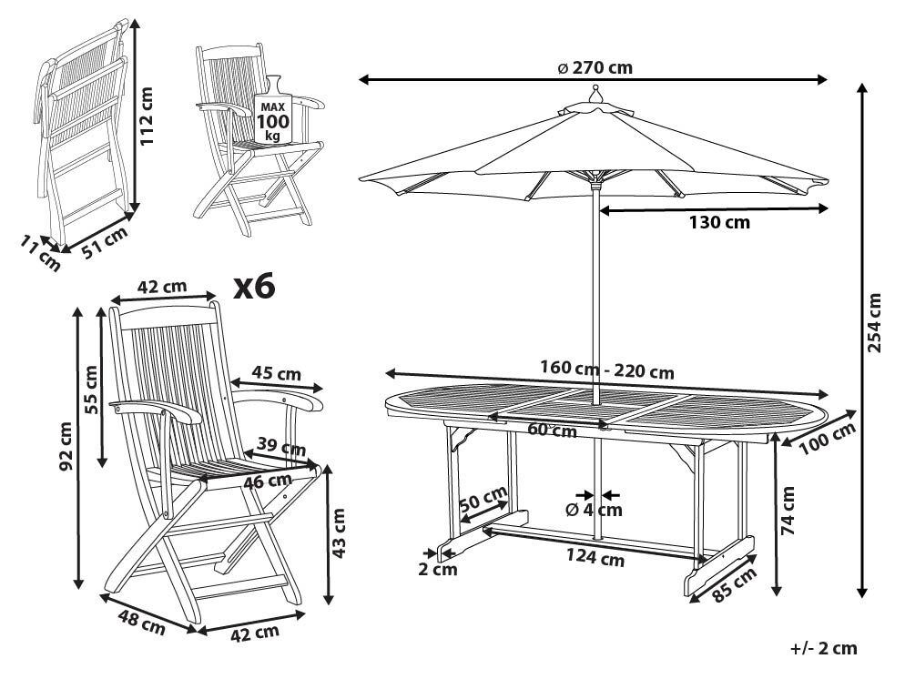 Garden Dining Set 6 Seater MAUI II with Parasol (12 Options) Acacia Wood Light Brown