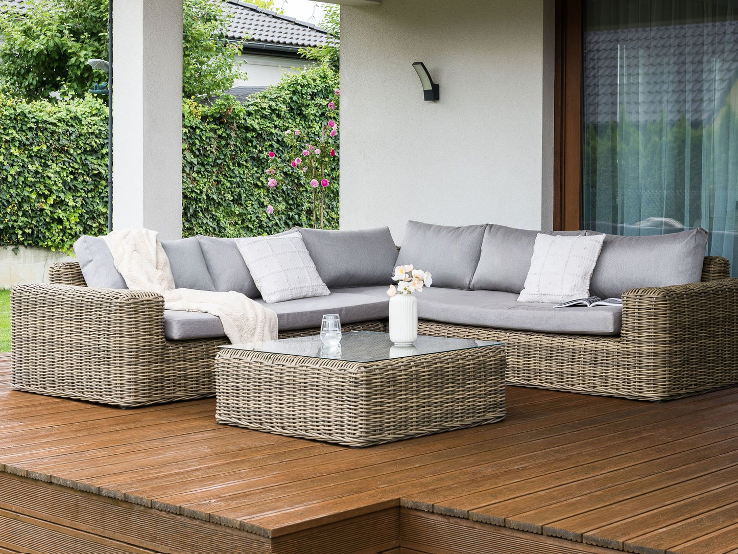 Garden Corner Sofa with Ottoman 6 Seater PALERMO Modular PE Rattan Light Brown