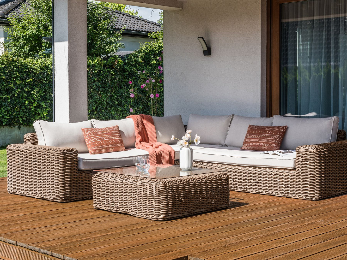 Garden Corner Sofa with Ottoman 6 Seater PALERMO Modular PE Rattan Brown