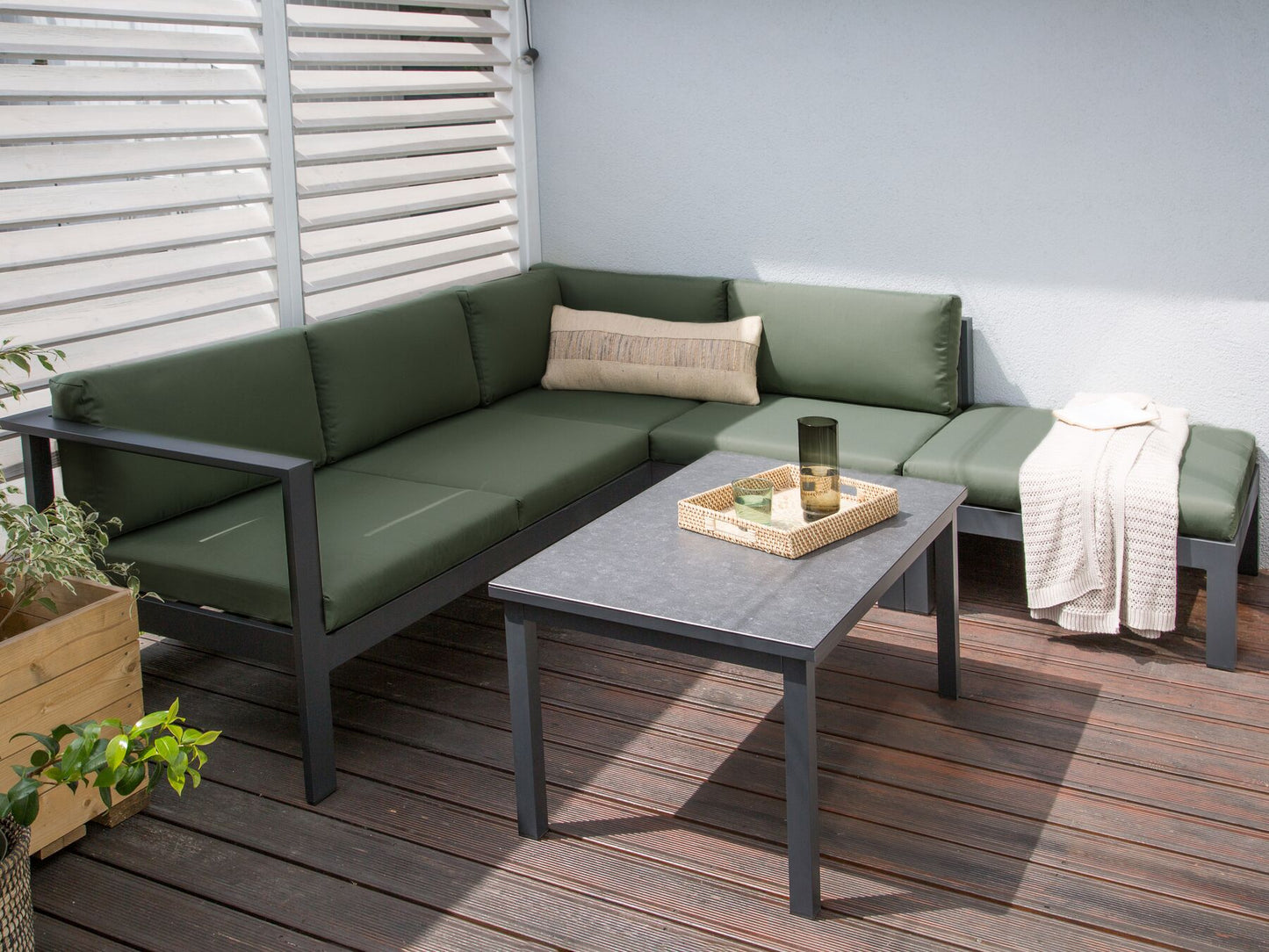 Garden Corner Sofa with Table 5 Seater MESSINA Left Hand Metal Green