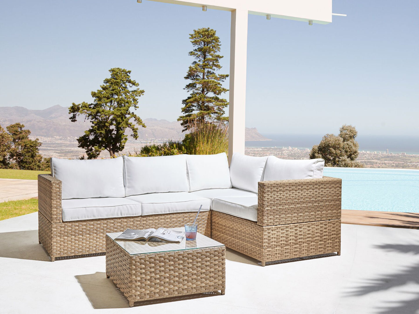 Garden Corner Sofa with Table 4 Seater Left Hand Rattan Off-White