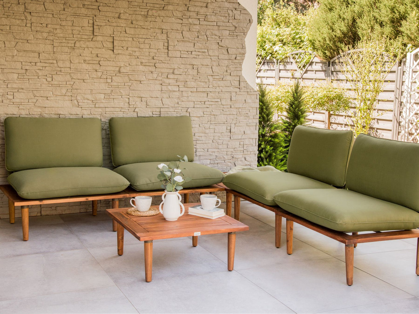 Garden Lounge Set with Table 4 Seater FRASCATI Modular Certified Acacia Wood Olive Green