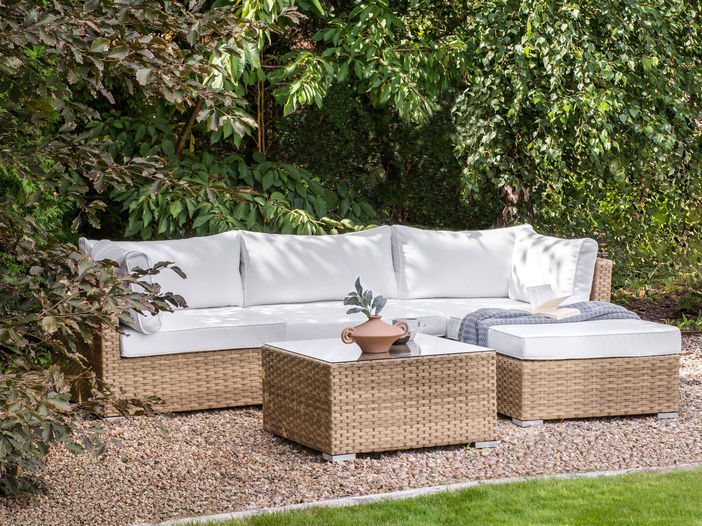 Garden Corner Sofa with Table 4 Seater SANO Left Hand Modular PE Rattan Natural