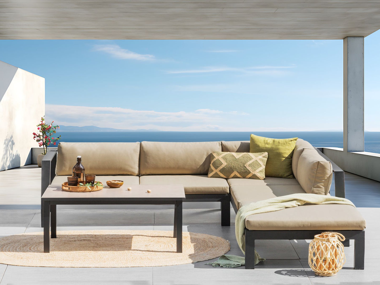 Garden Corner Sofa with Table 5 Seater MESSINA Left Hand Metal Sand Beige