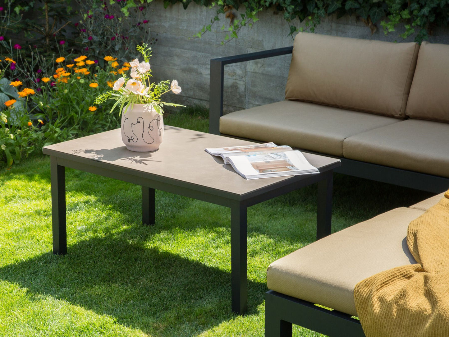 Garden Corner Sofa with Table 5 Seater MESSINA Left Hand Metal Sand Beige