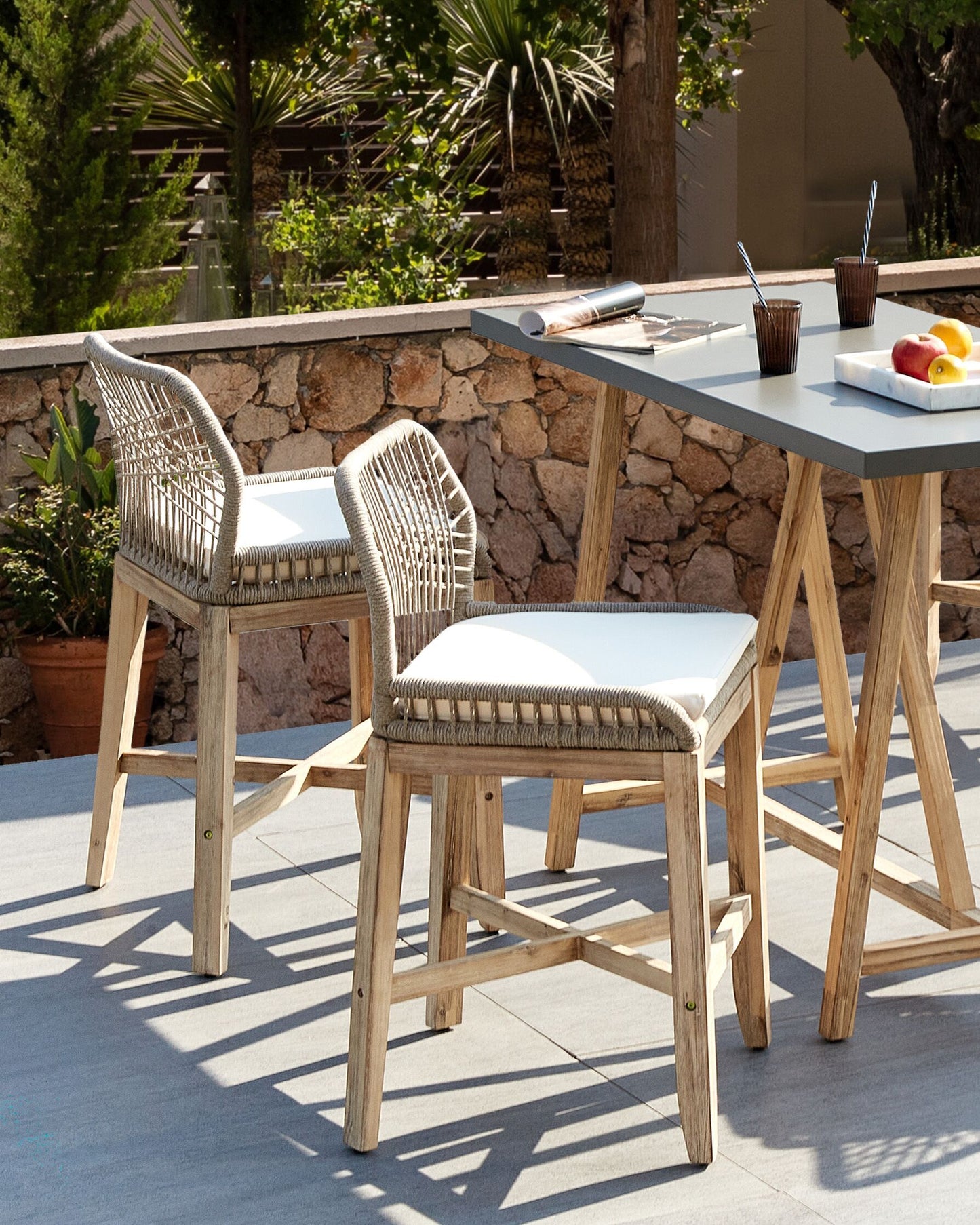 Set of 2 Garden Bar Chairs TALAMONE Acacia Wood Beige