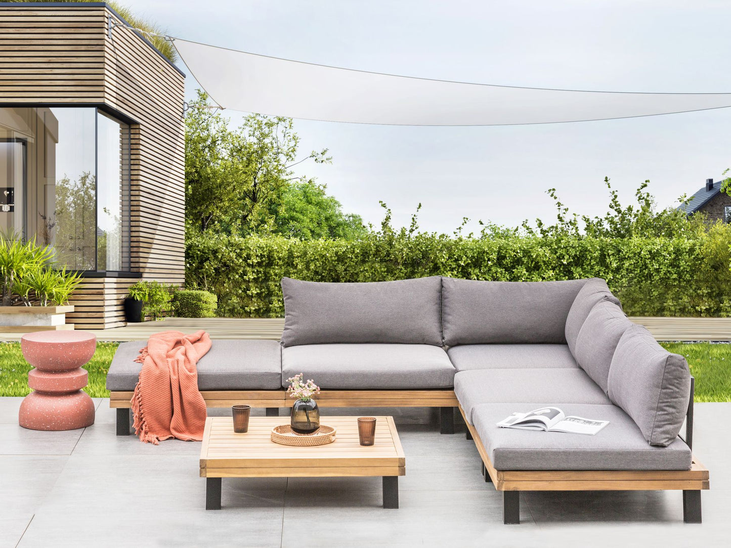 Garden Corner Sofa with Table 5 Seater FRAZZANO Modular Certified Acacia Wood Grey