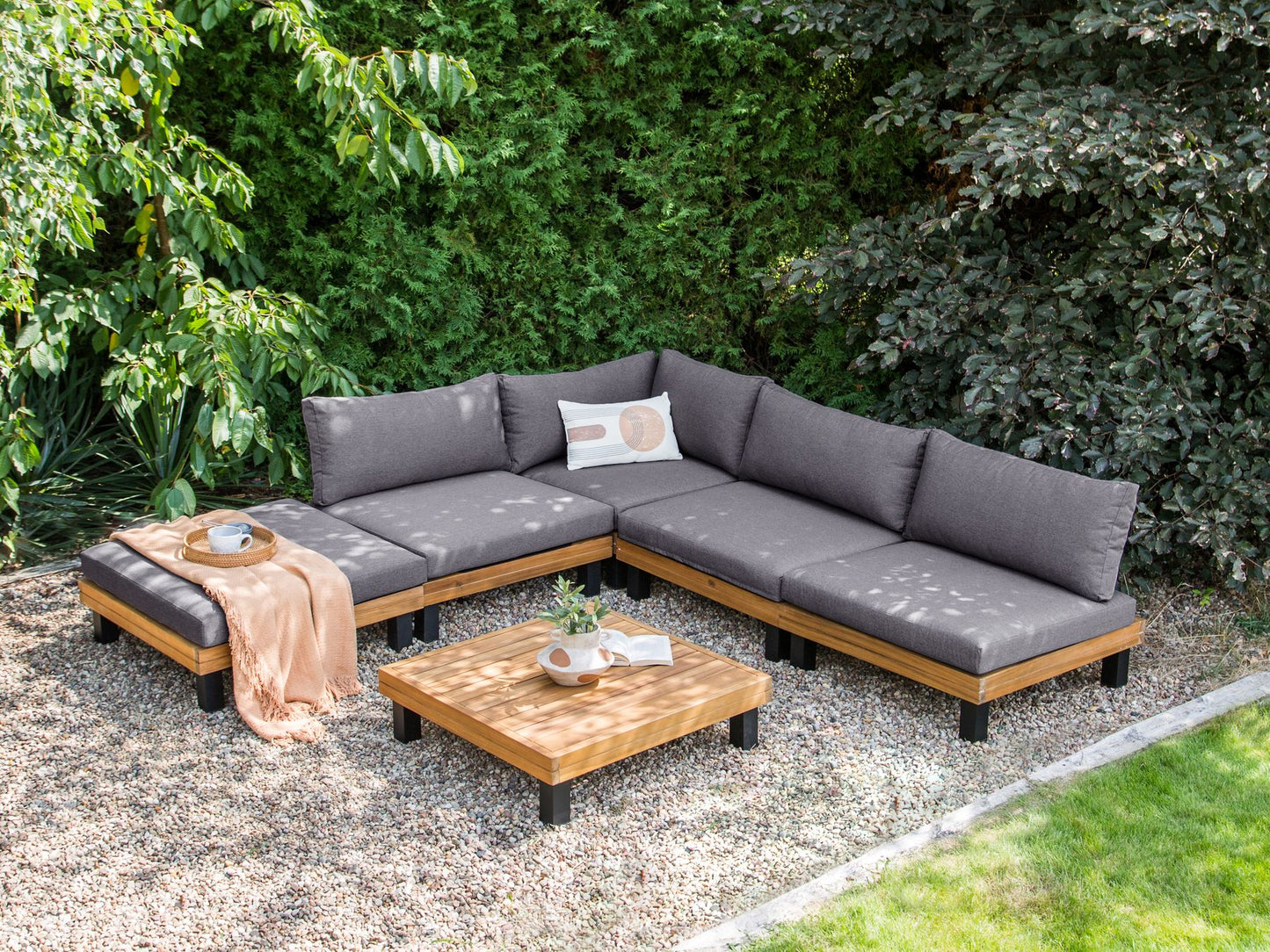 Garden Corner Sofa with Table 5 Seater FRAZZANO Modular Certified Acacia Wood Grey