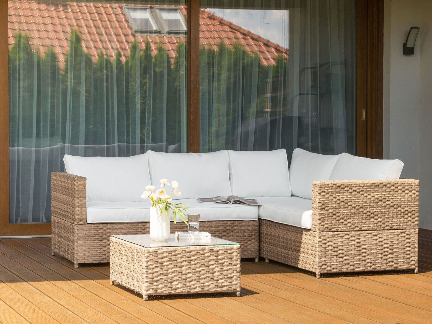 Garden Corner Sofa with Table 4 Seater Left Hand Rattan Off-White