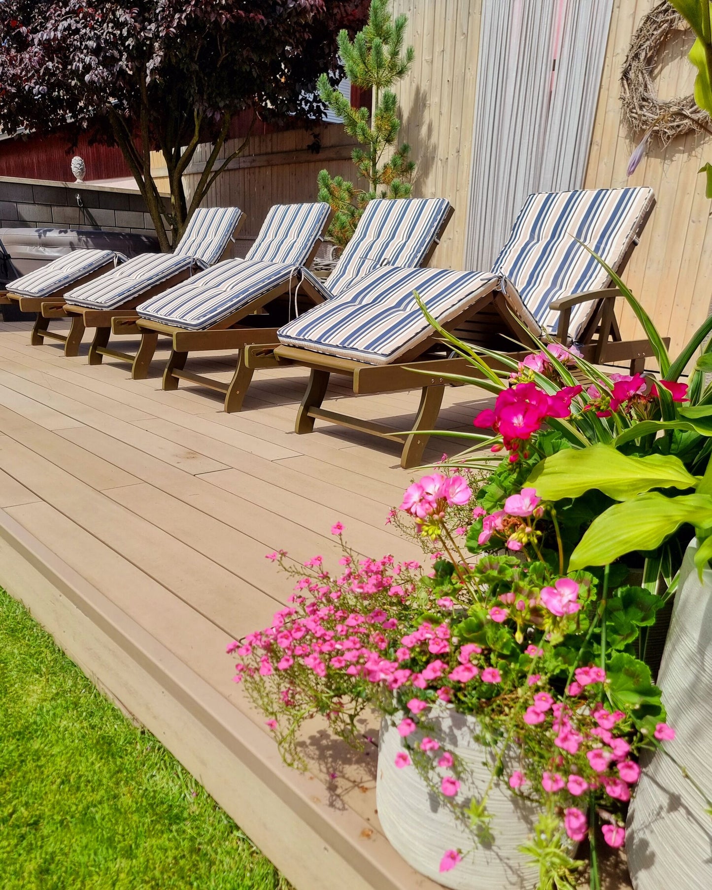 Acacia Wood Reclining Sun Lounger with Striped Blue Cushion AMANTEA
