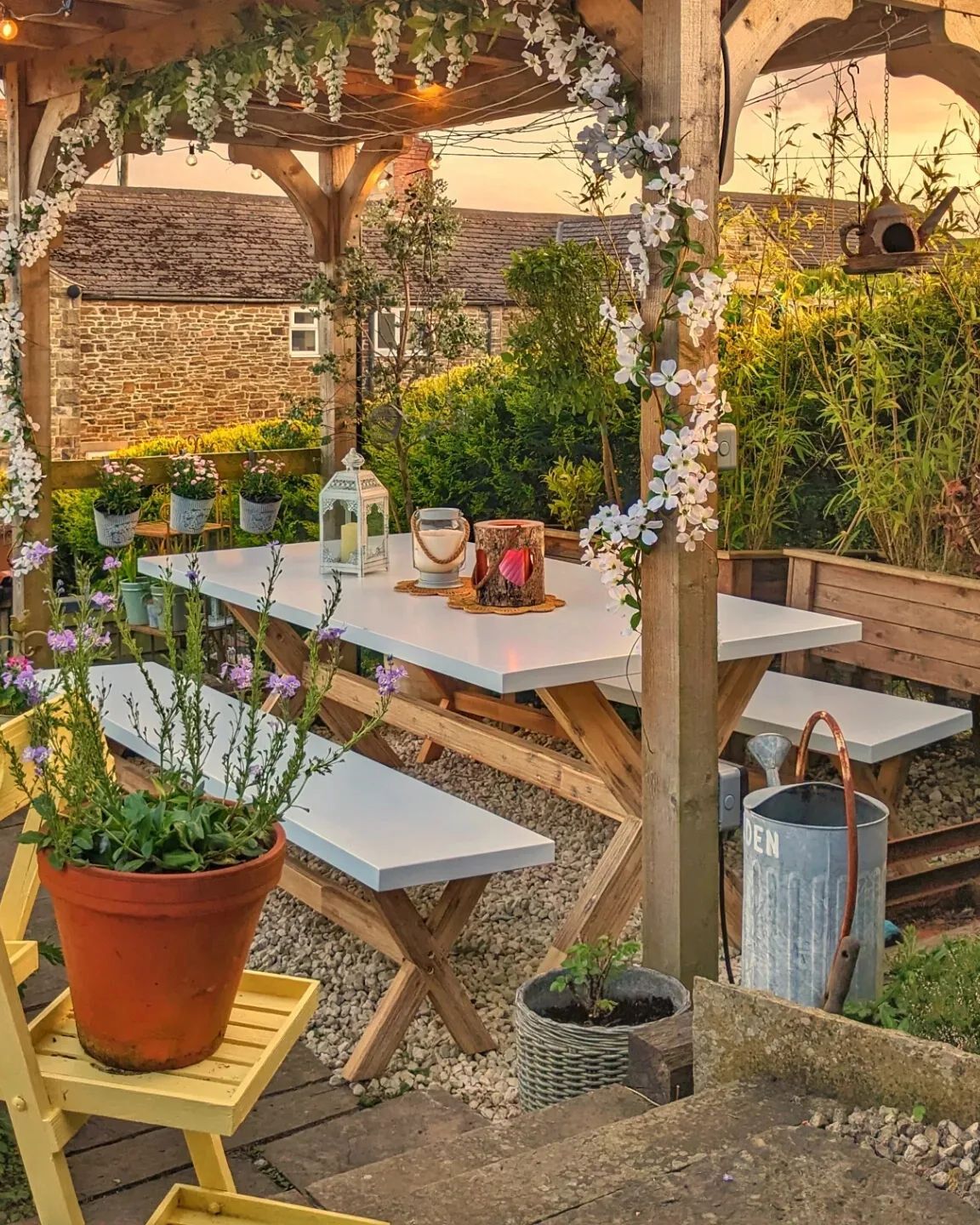 Garden Dining Set with Benches 6 Seater OLBIA Concrete White