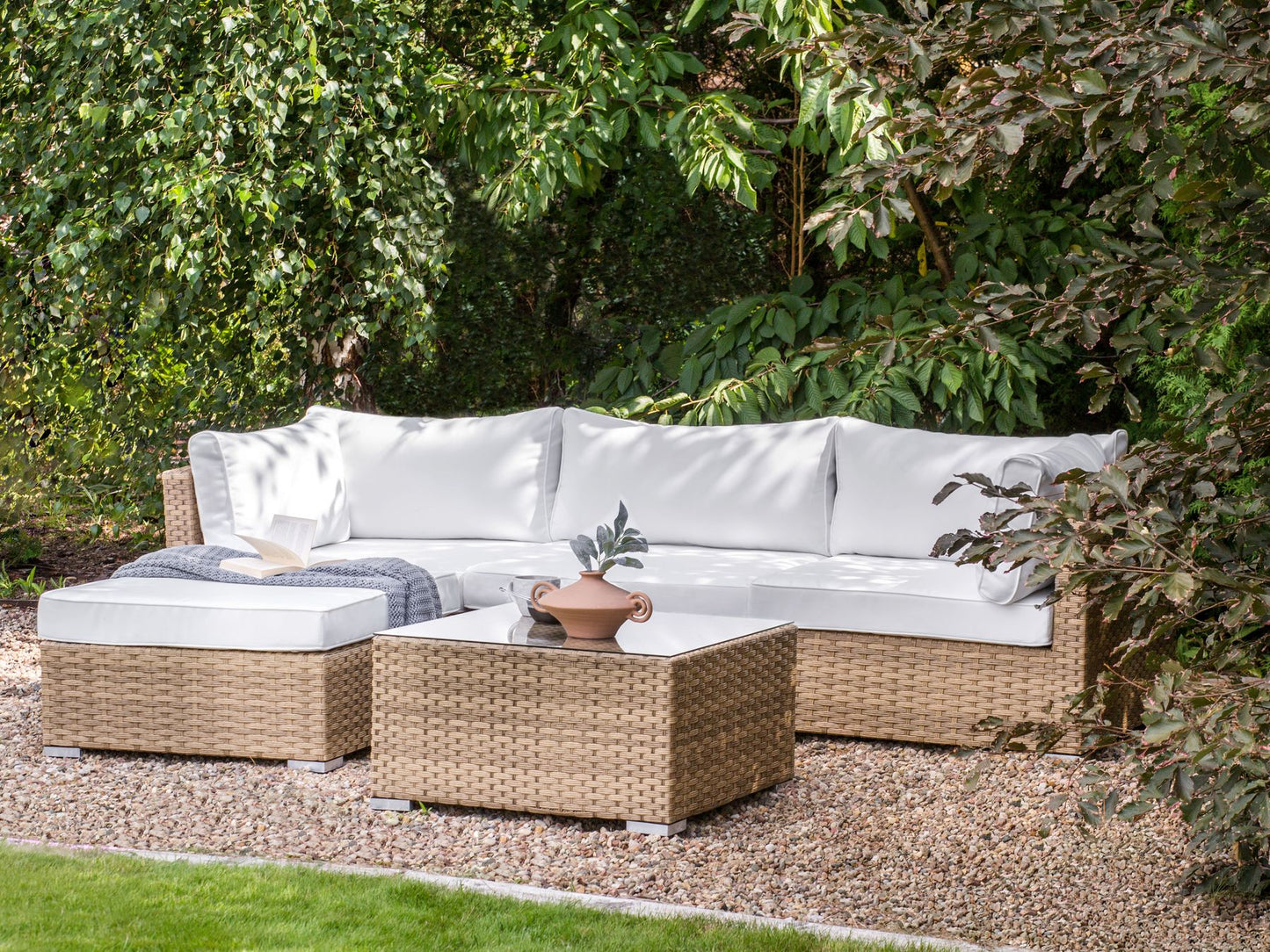 Garden Corner Sofa with Table 4 Seater SANO Right Hand Modular PE Rattan Natural